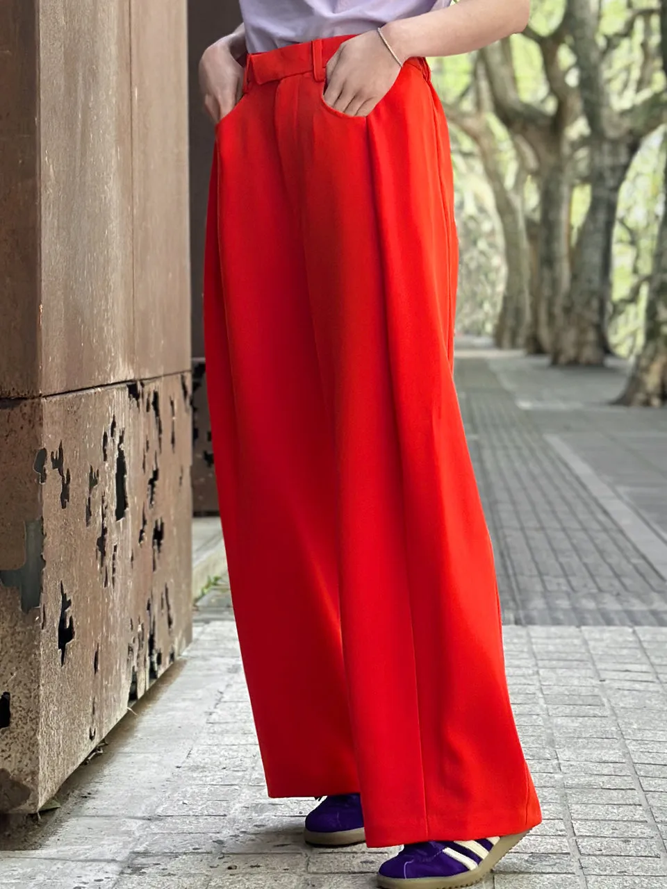 Poppy Red Pleat Front Detail Wide Leg Trousers