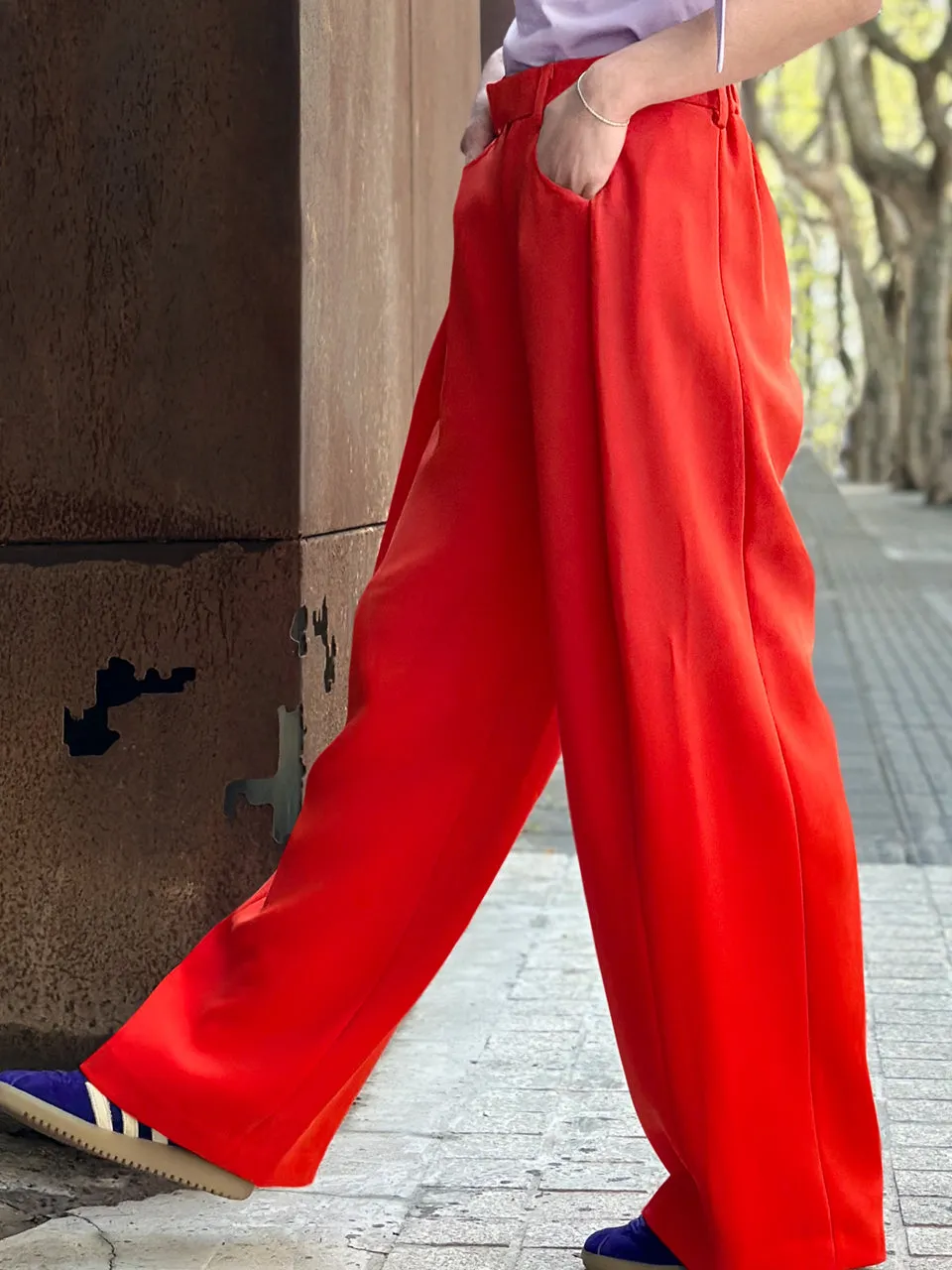 Poppy Red Pleat Front Detail Wide Leg Trousers