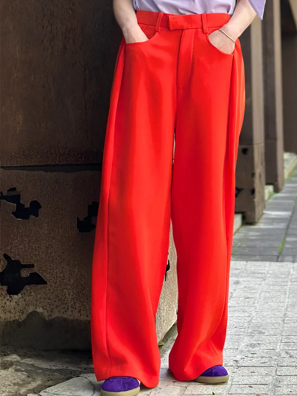 Poppy Red Pleat Front Detail Wide Leg Trousers