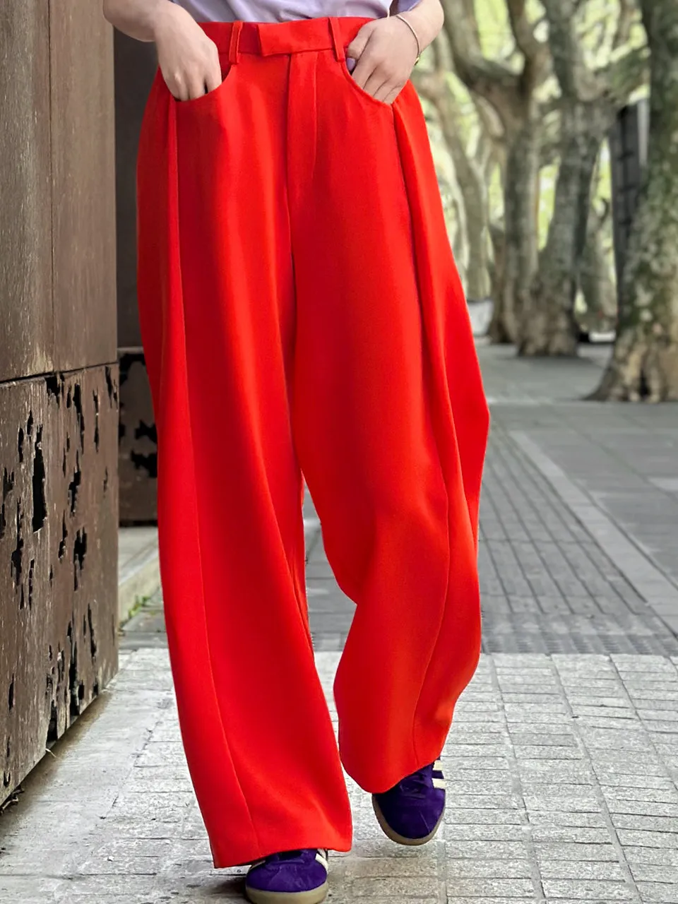 Poppy Red Pleat Front Detail Wide Leg Trousers