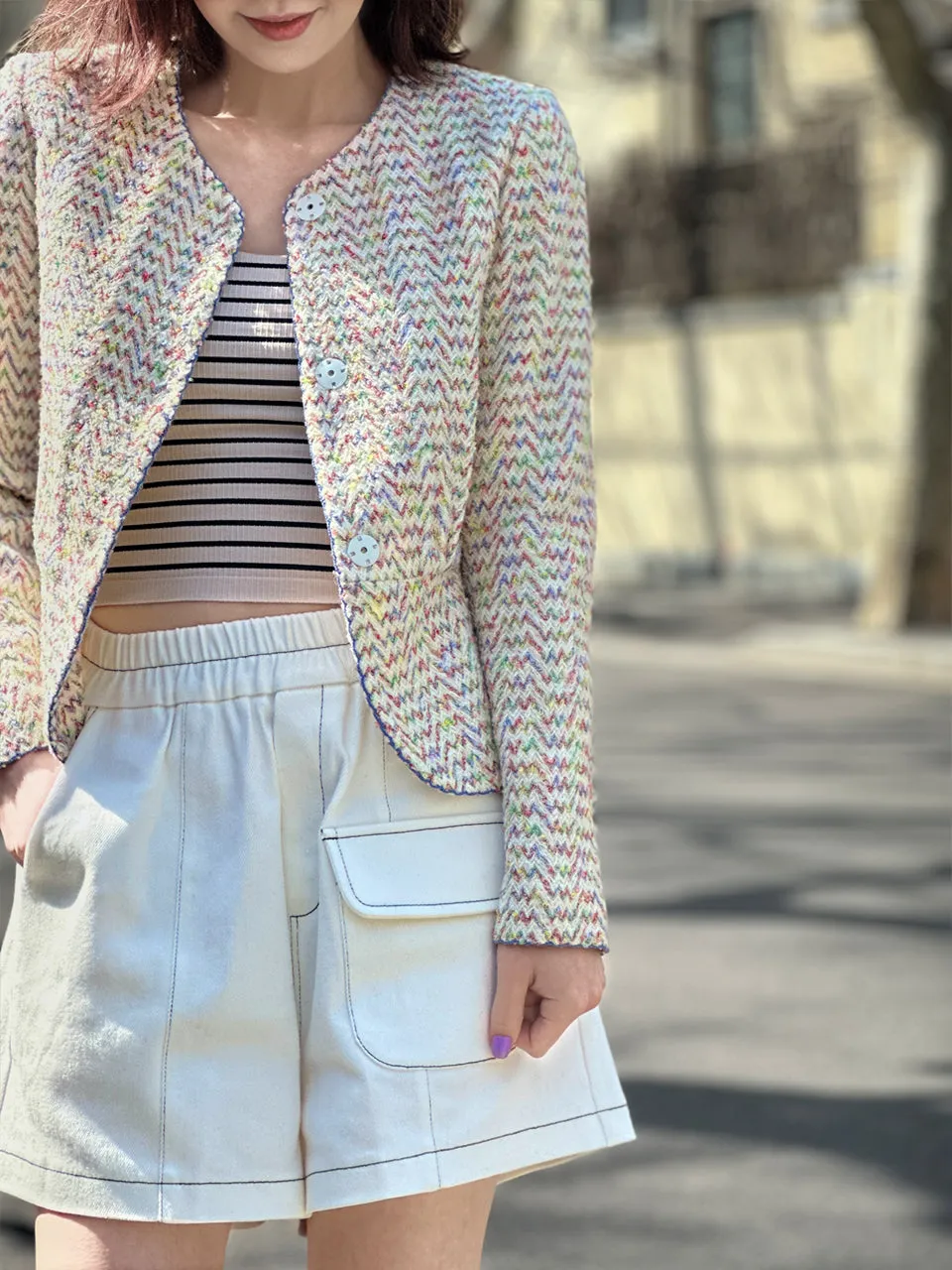 Rainbow Mix Scallop Stitched Trim Peplum Jacket