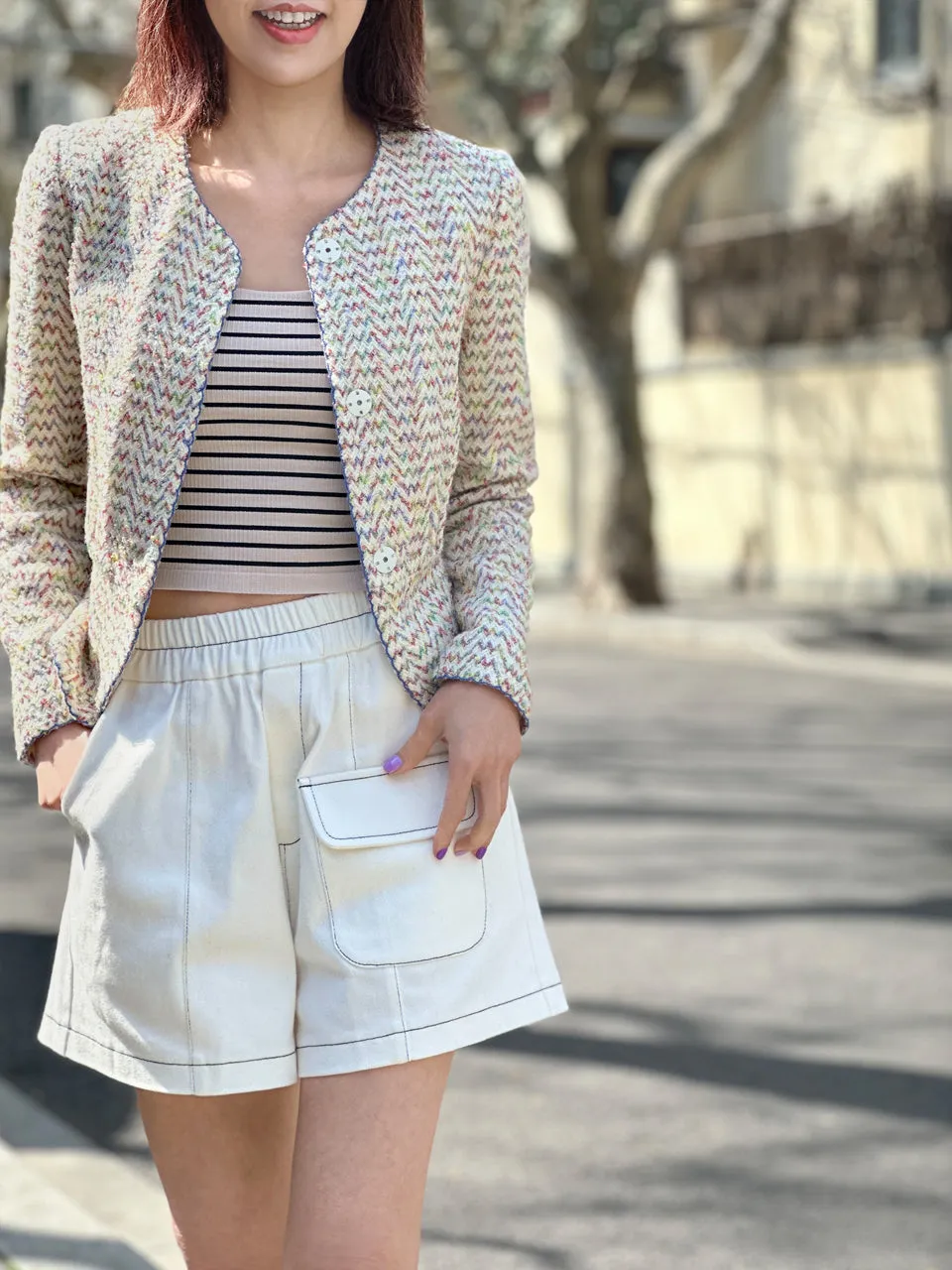 Rainbow Mix Scallop Stitched Trim Peplum Jacket