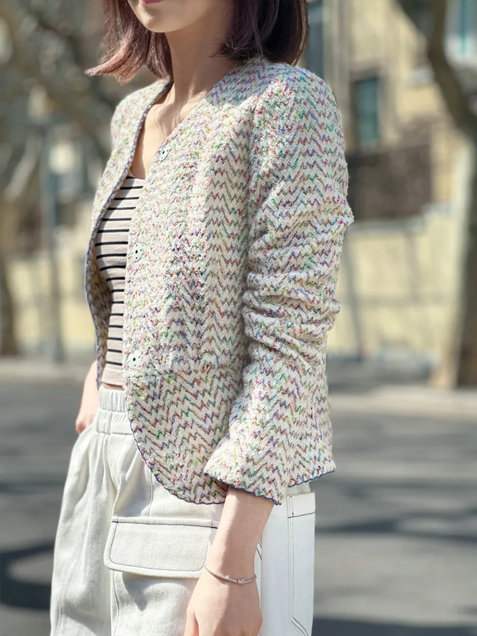 Rainbow Mix Scallop Stitched Trim Peplum Jacket