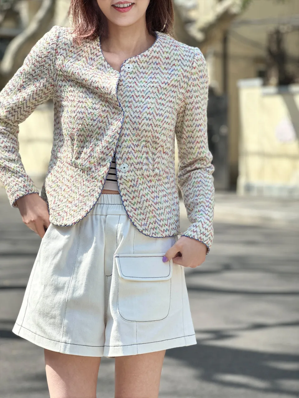 Rainbow Mix Scallop Stitched Trim Peplum Jacket