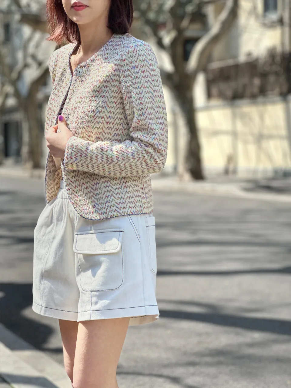 Rainbow Mix Scallop Stitched Trim Peplum Jacket