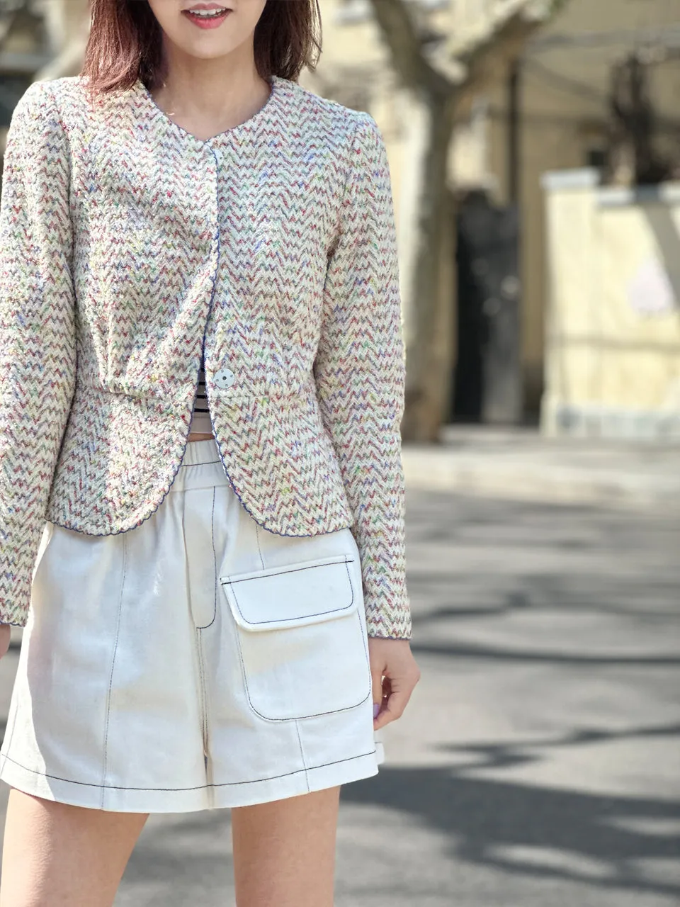 Rainbow Mix Scallop Stitched Trim Peplum Jacket