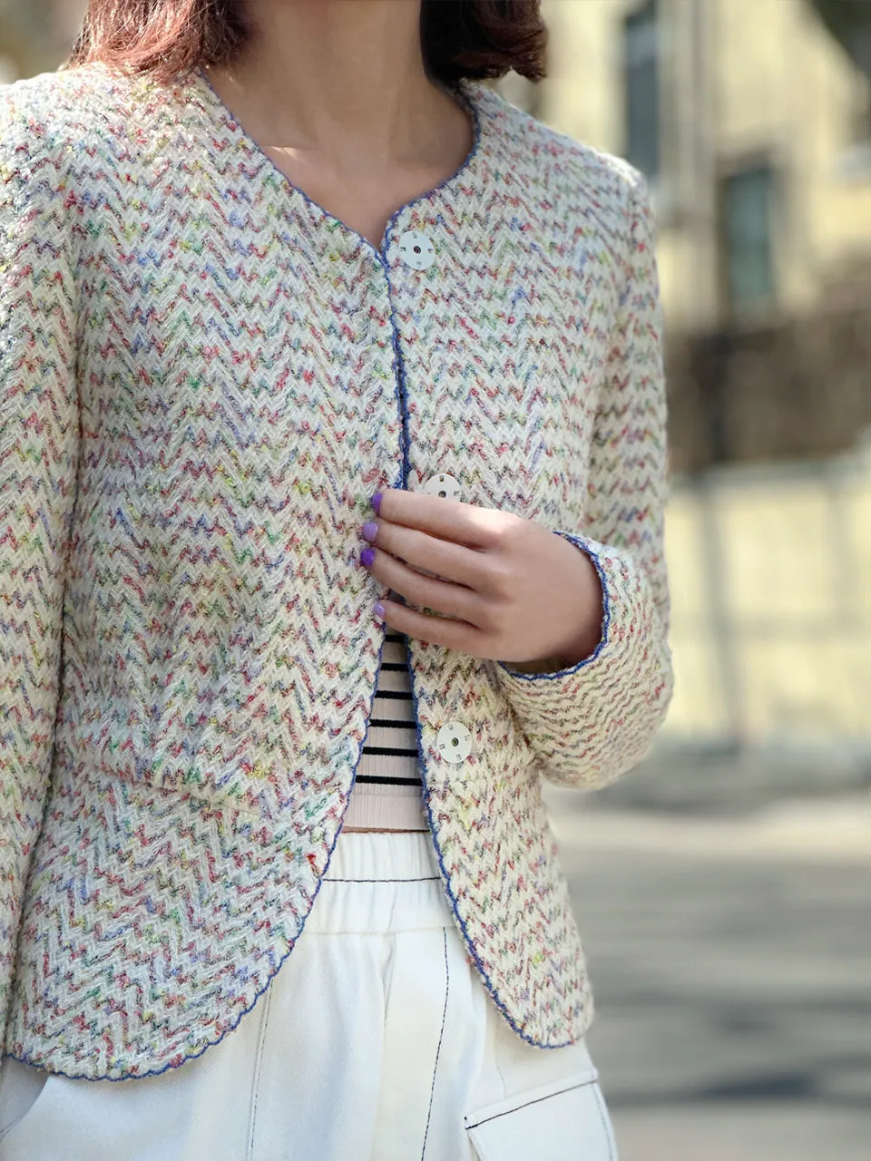 Rainbow Mix Scallop Stitched Trim Peplum Jacket