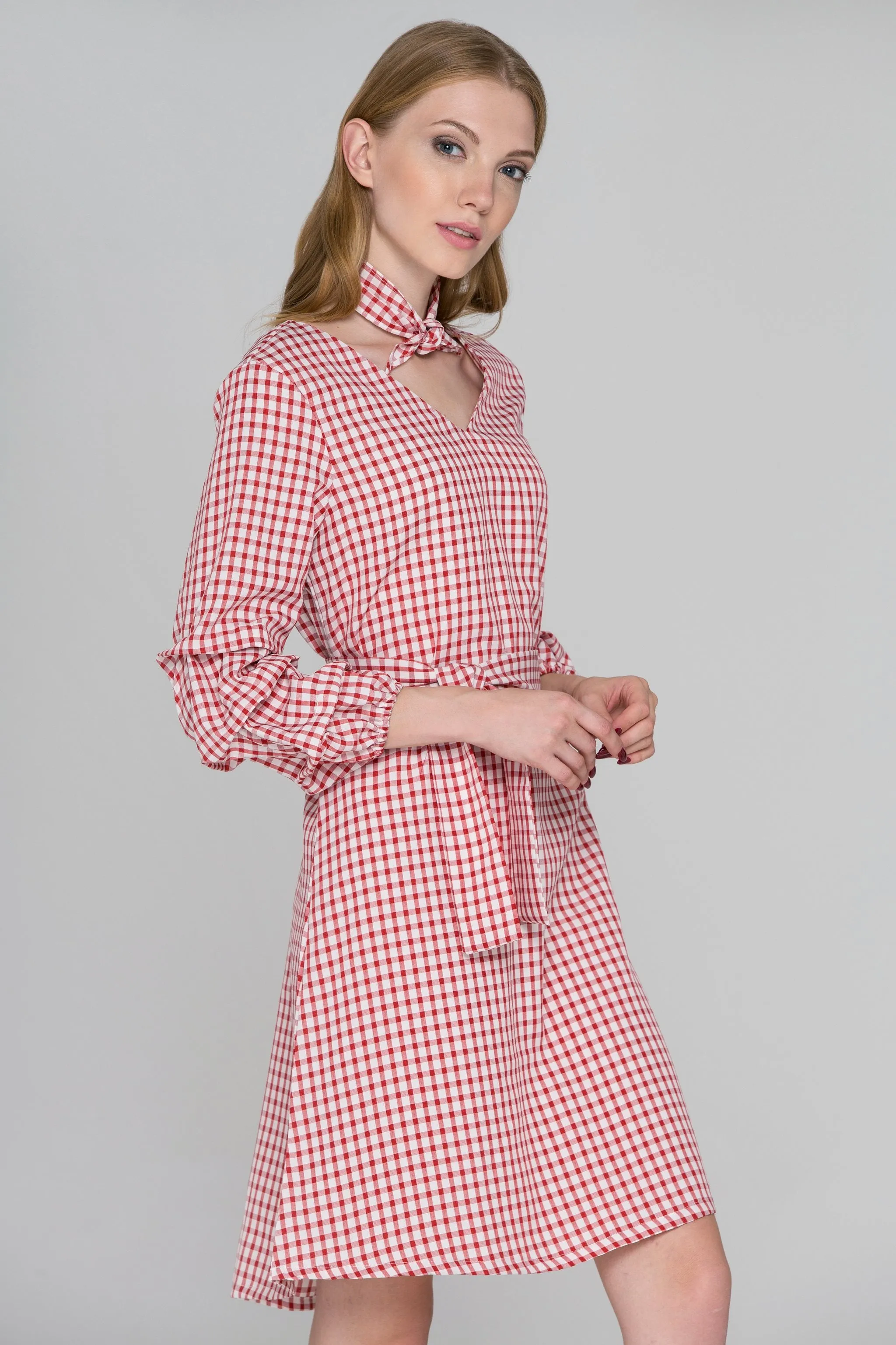 Red Gingham Puff Sleeves Midi Dress