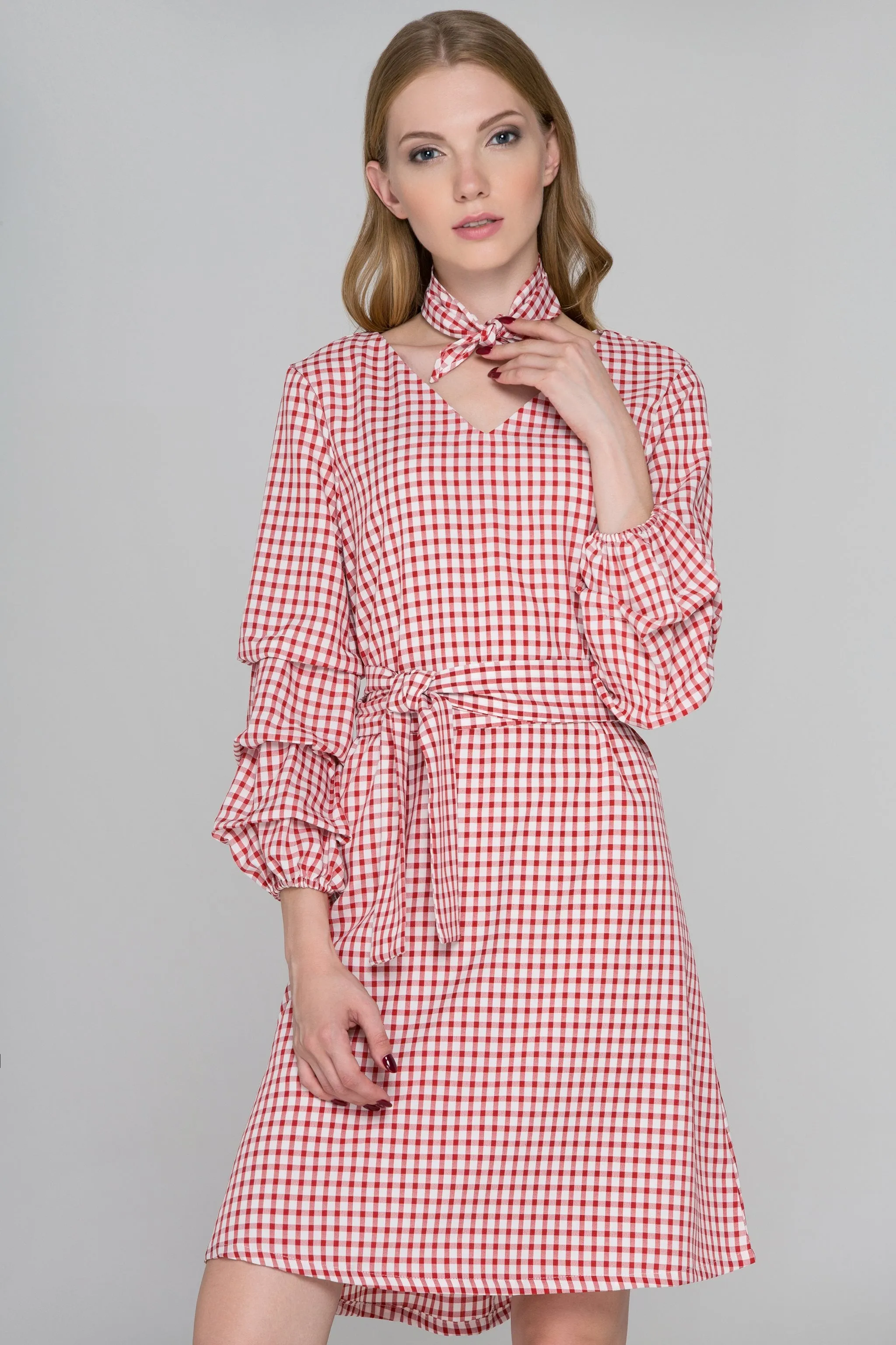 Red Gingham Puff Sleeves Midi Dress