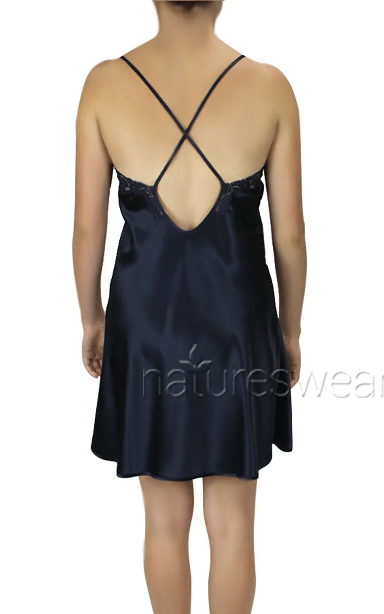 Siren Navy Silk Chemise With X Cross Lace Low Back