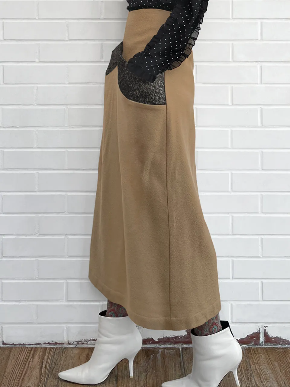 Surprise Sale! Camel Pocket Detail A-line Woollen Maxi Skirt