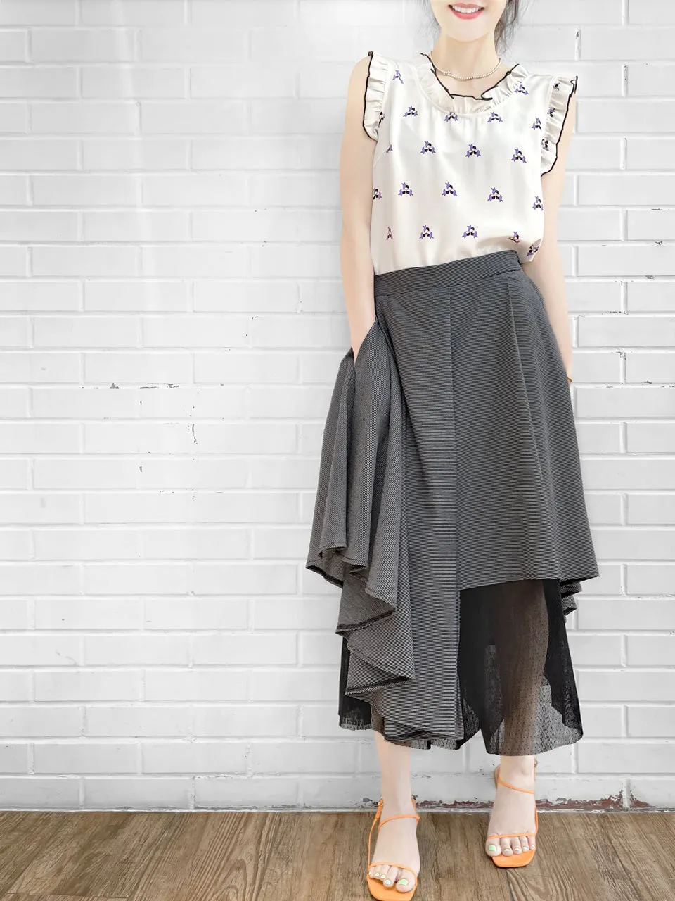 Surprise Sale! Micro Gingham Handkerchief Hem Flowing Overlay Mesh Culottes