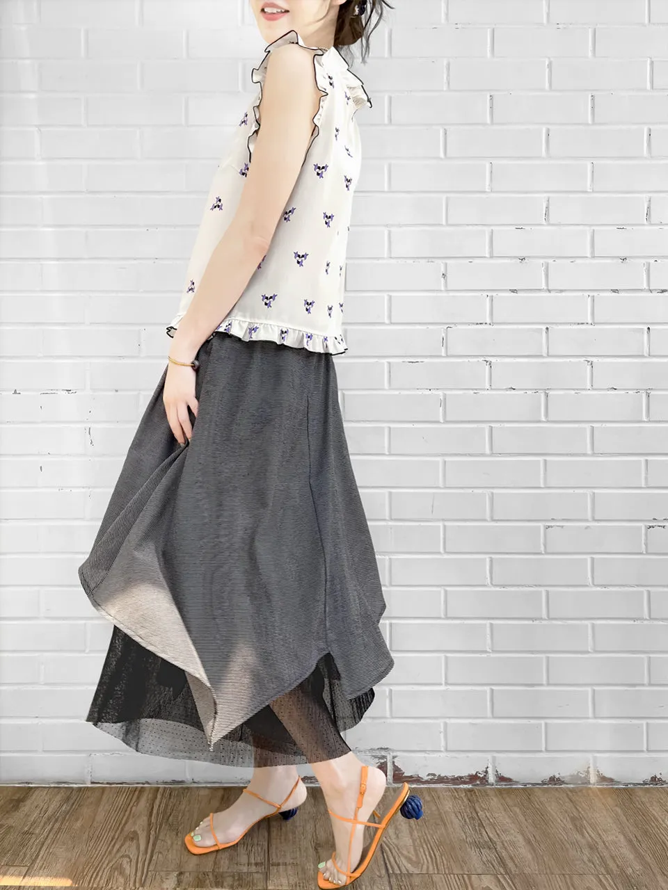 Surprise Sale! Micro Gingham Handkerchief Hem Flowing Overlay Mesh Culottes