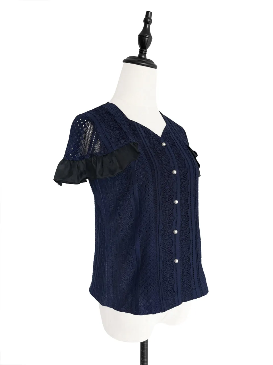 Surprise Sale! Navy Black Corded Lace Sweetheart Neck Ruffle Top