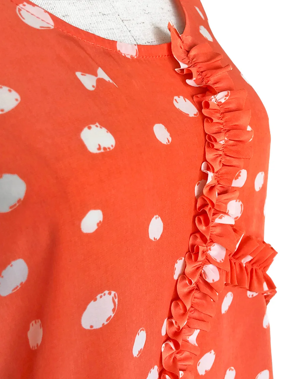 Surprise Sale! Orange Inkspot Dots Ruffle Trim Scoop Neck Silk Tank