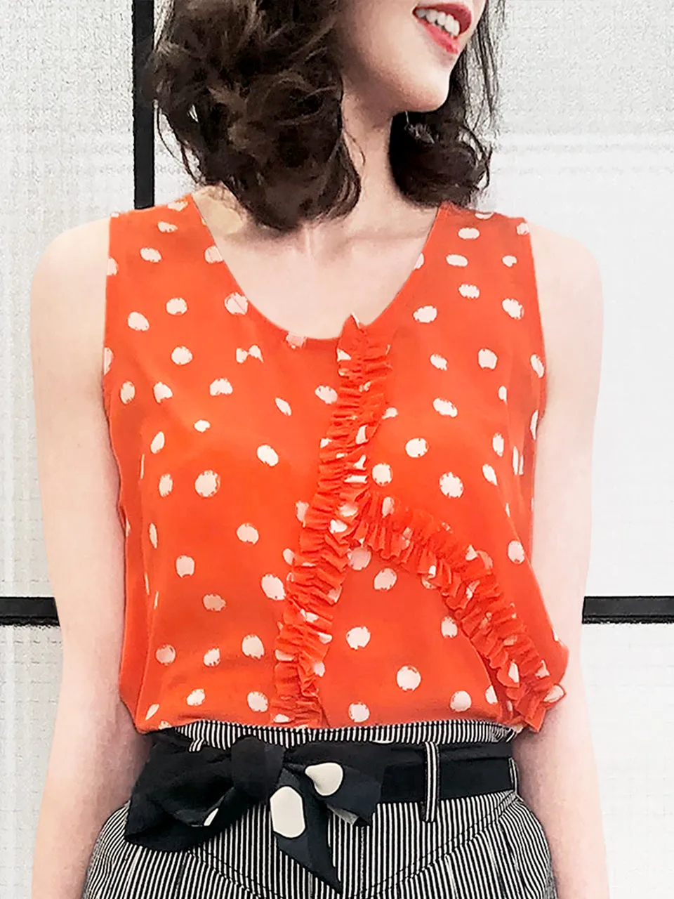 Surprise Sale! Orange Inkspot Dots Ruffle Trim Scoop Neck Silk Tank