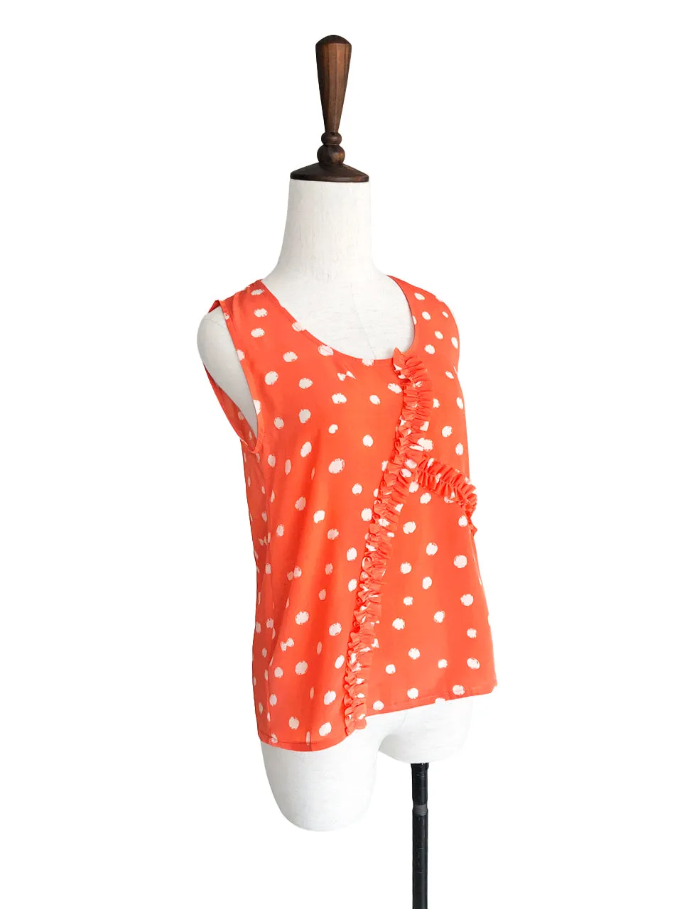 Surprise Sale! Orange Inkspot Dots Ruffle Trim Scoop Neck Silk Tank