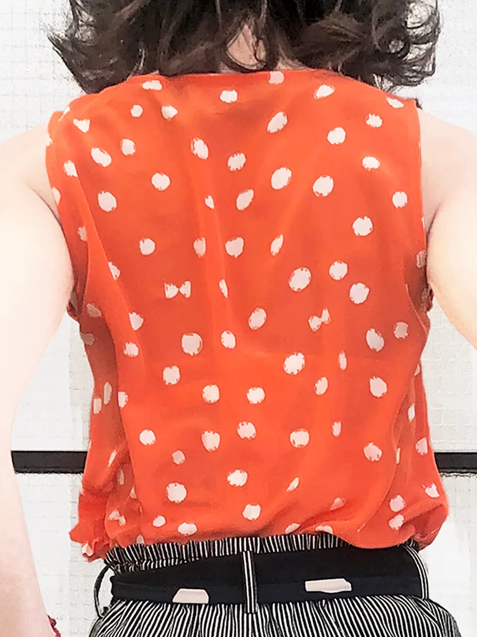 Surprise Sale! Orange Inkspot Dots Ruffle Trim Scoop Neck Silk Tank