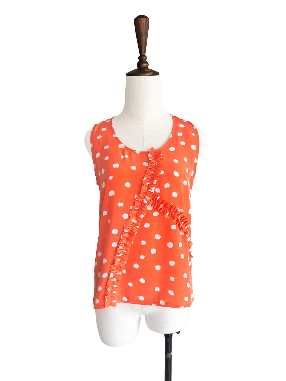 Surprise Sale! Orange Inkspot Dots Ruffle Trim Scoop Neck Silk Tank