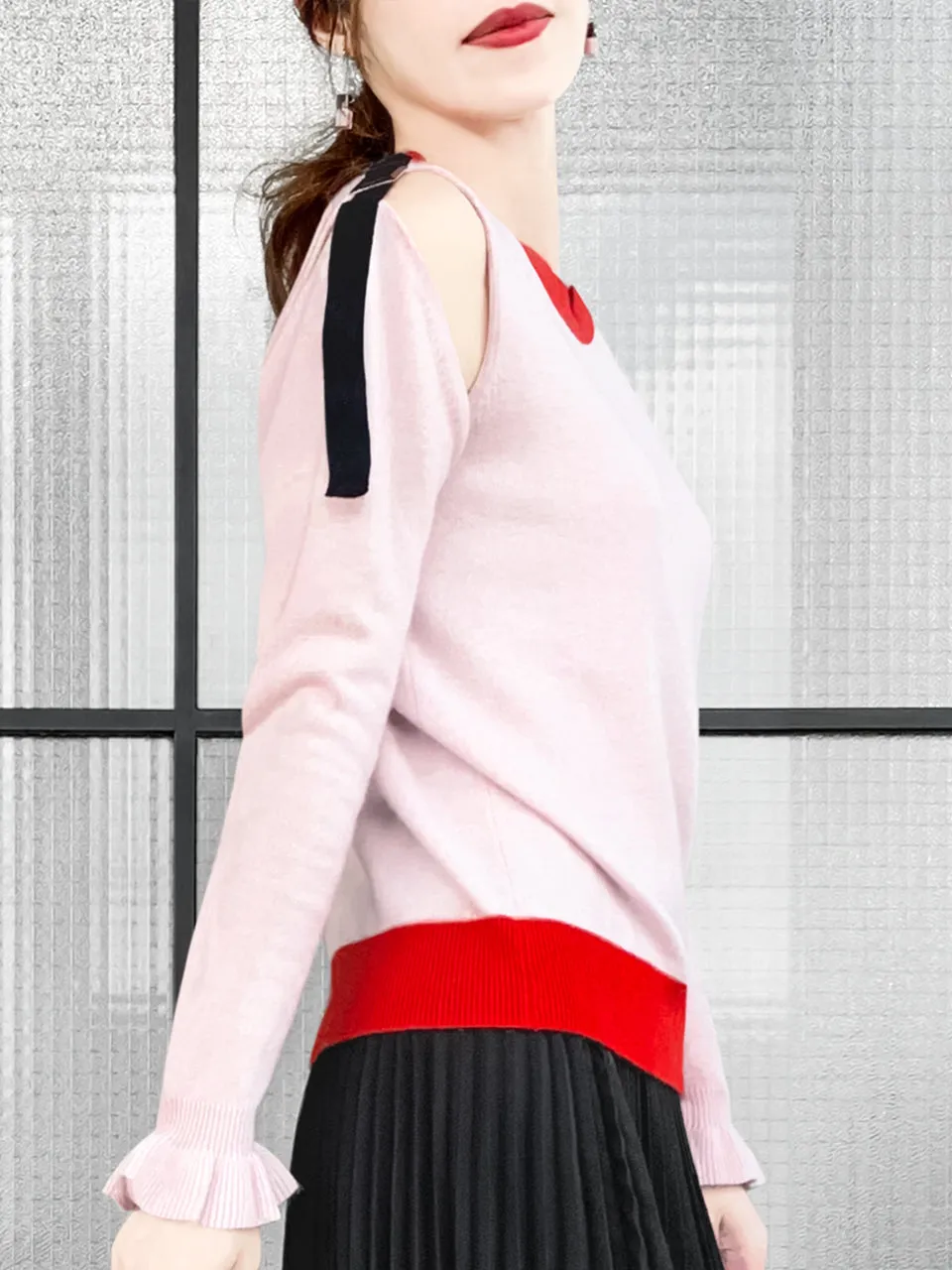 Surprise Sale! Pinky Colourblock Scallop Collar Cold-Shoulder Cashmere Blend Sweater