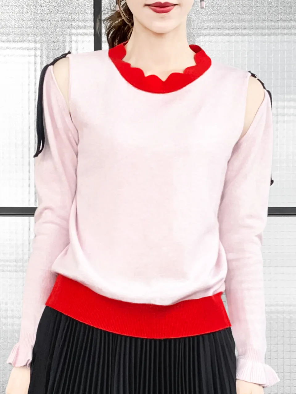 Surprise Sale! Pinky Colourblock Scallop Collar Cold-Shoulder Cashmere Blend Sweater