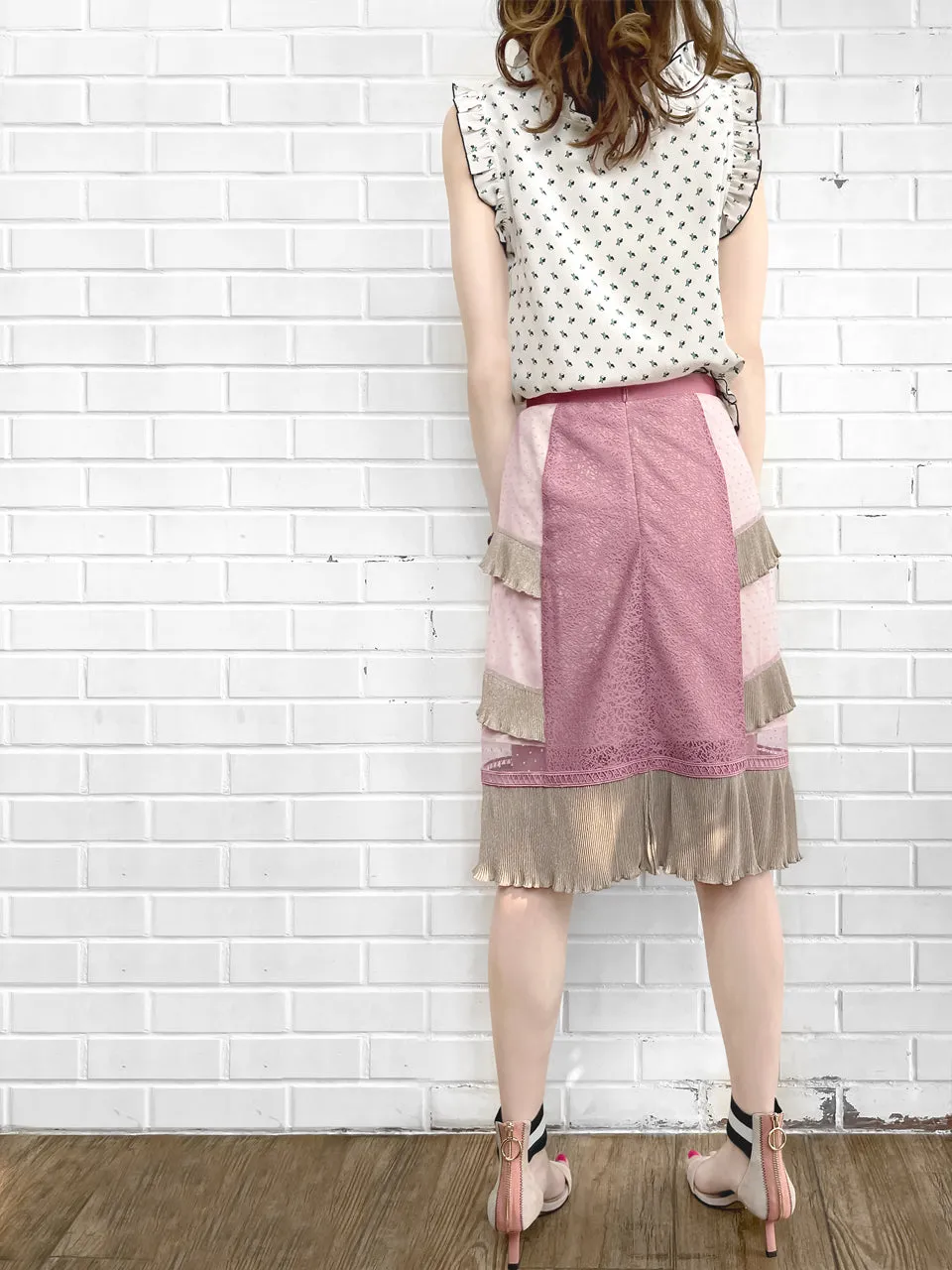 Surprise Sale! Pinky Sparkle Tiered Ruffle Dotty Trim Lace Skirt