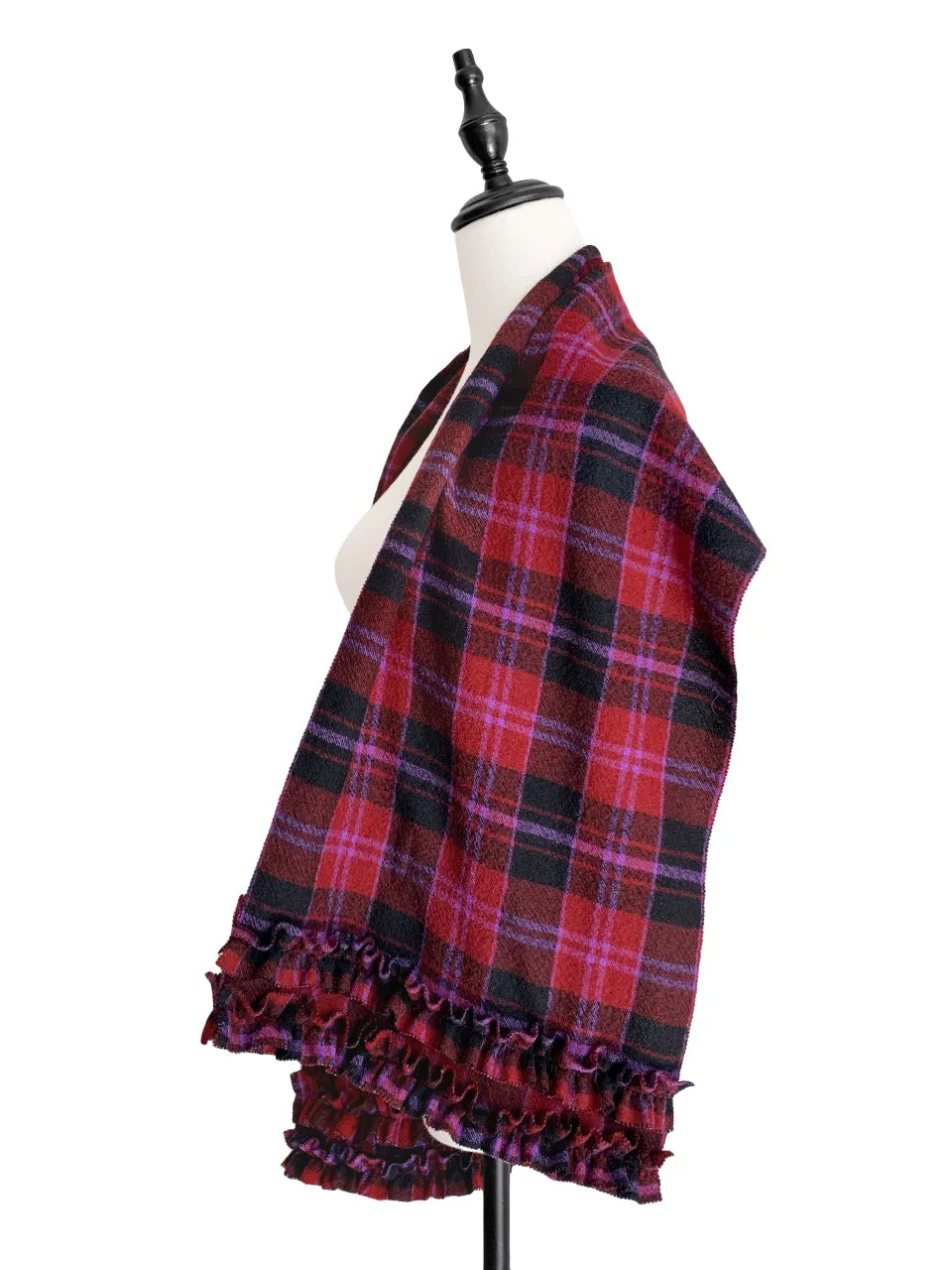 Surprise Sale! Red Plaid Pleated Ruffle Trim Check Woollen Scarf