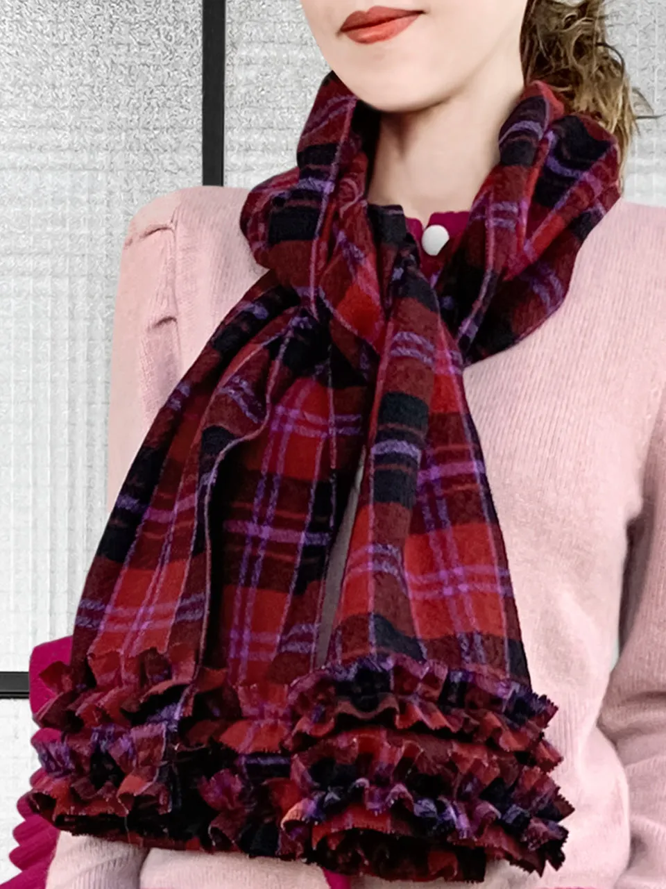 Surprise Sale! Red Plaid Pleated Ruffle Trim Check Woollen Scarf