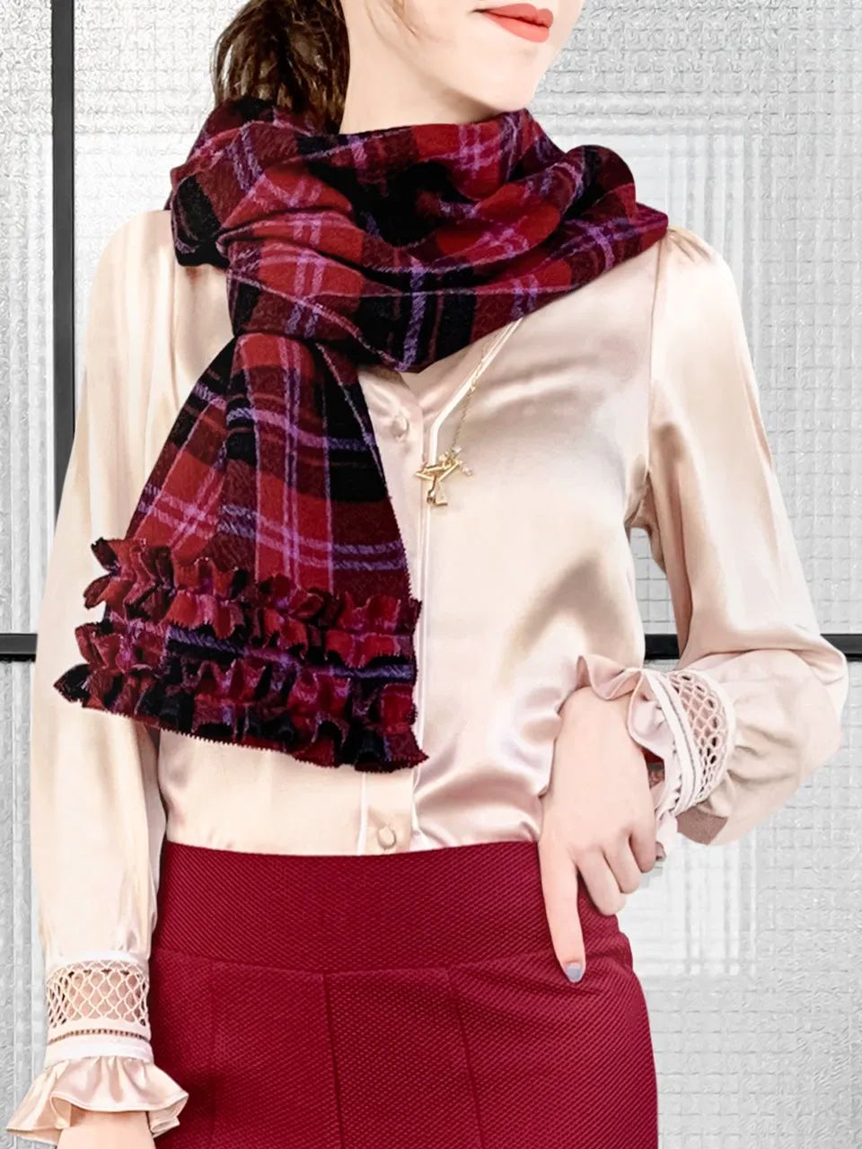 Surprise Sale! Red Plaid Pleated Ruffle Trim Check Woollen Scarf