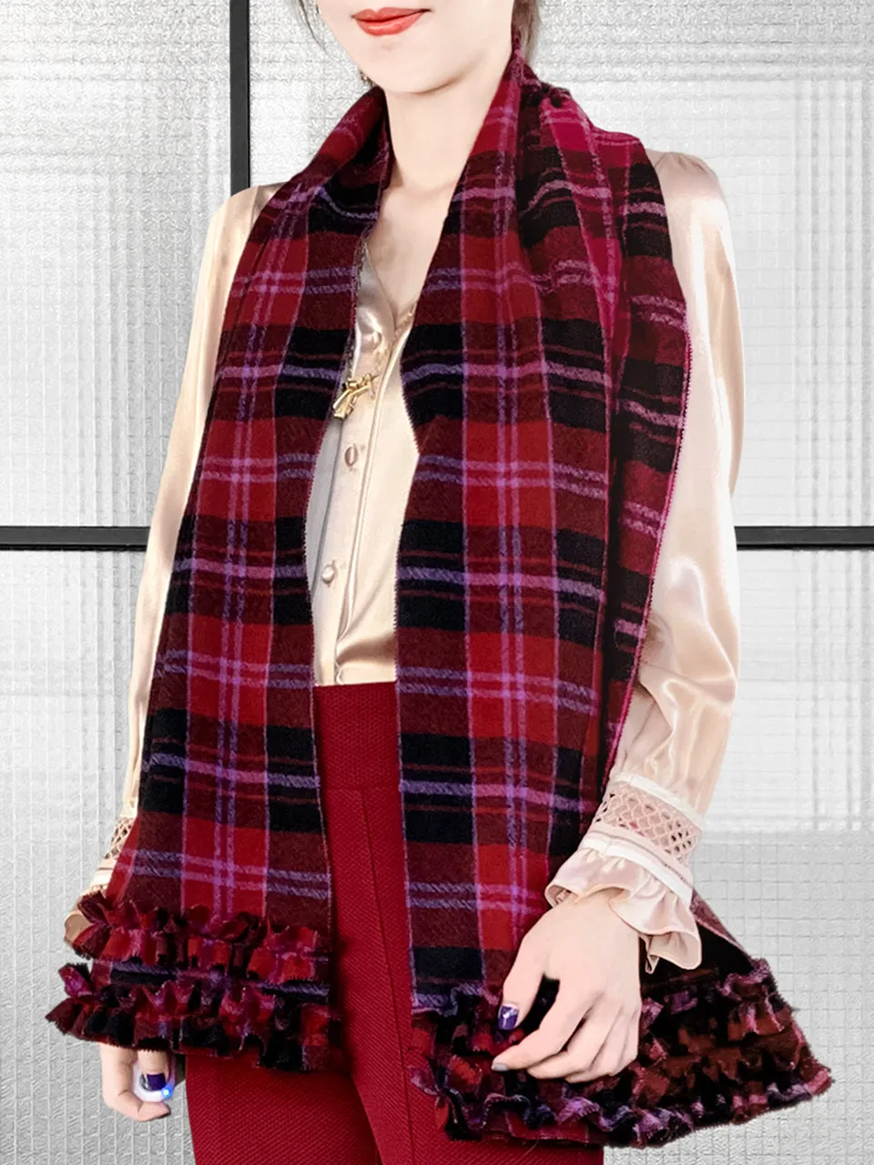 Surprise Sale! Red Plaid Pleated Ruffle Trim Check Woollen Scarf