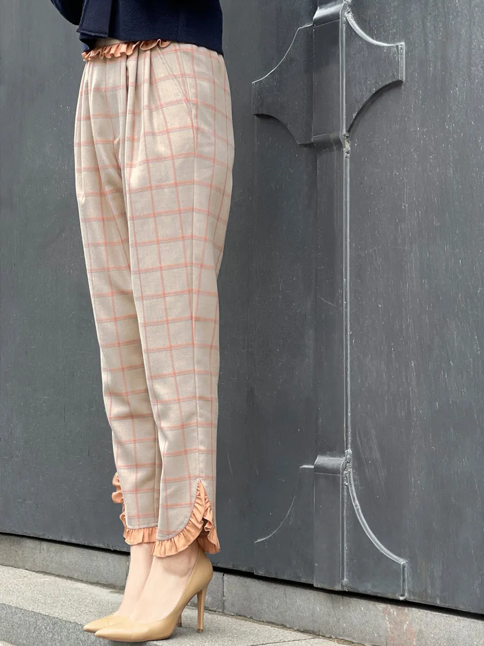 Surprise Sale! Sunset Orange Check Ruffle Waist Tapered Ankle Woolly Trousers