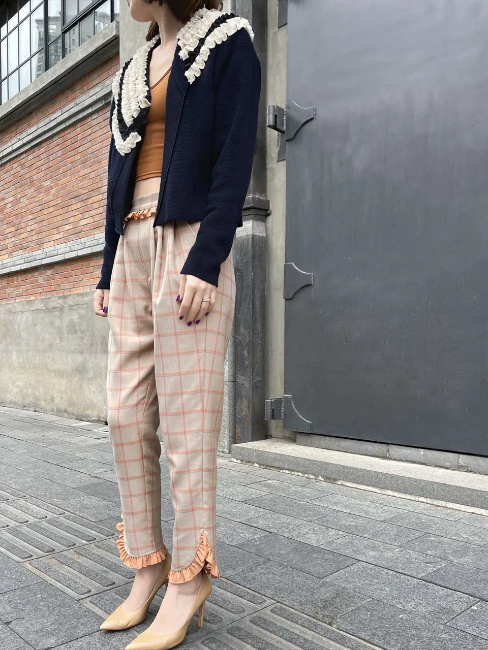 Surprise Sale! Sunset Orange Check Ruffle Waist Tapered Ankle Woolly Trousers