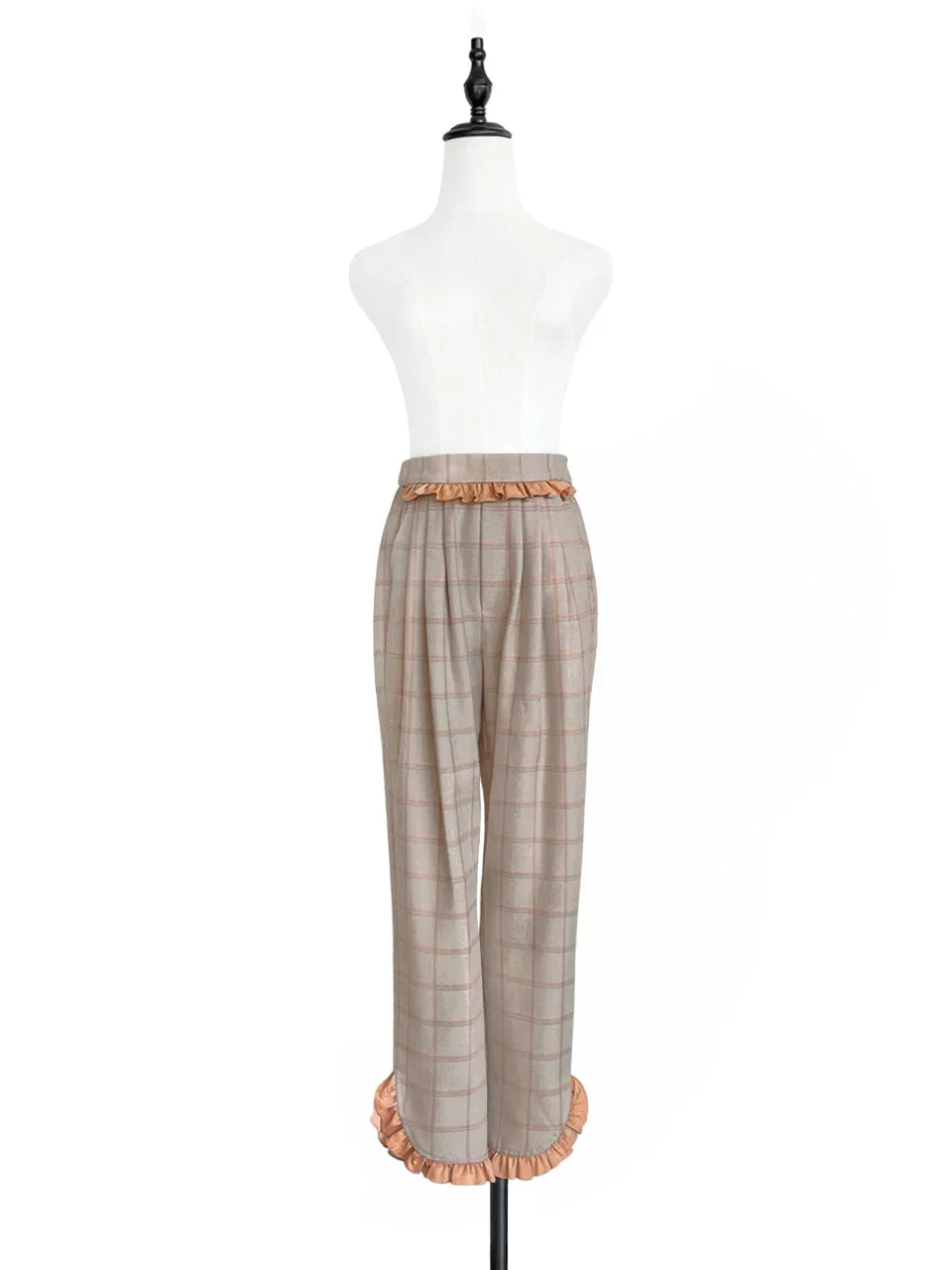 Surprise Sale! Sunset Orange Check Ruffle Waist Tapered Ankle Woolly Trousers