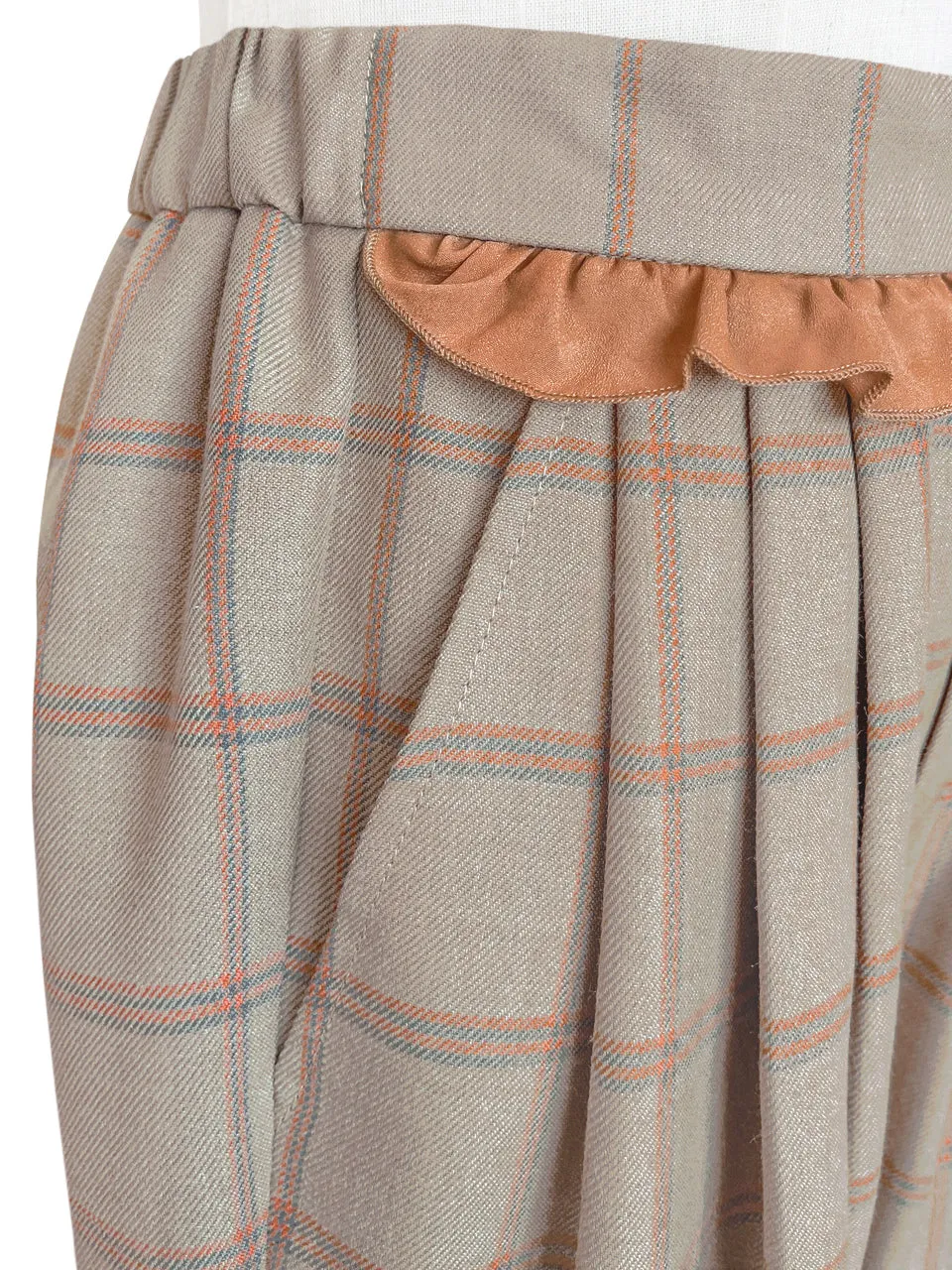 Surprise Sale! Sunset Orange Check Ruffle Waist Tapered Ankle Woolly Trousers