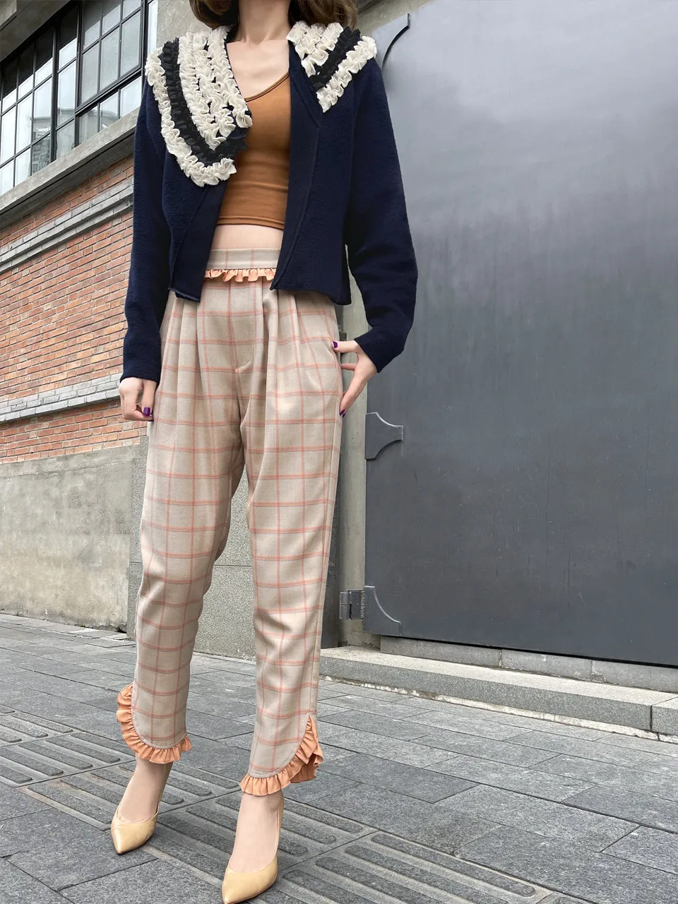 Surprise Sale! Sunset Orange Check Ruffle Waist Tapered Ankle Woolly Trousers