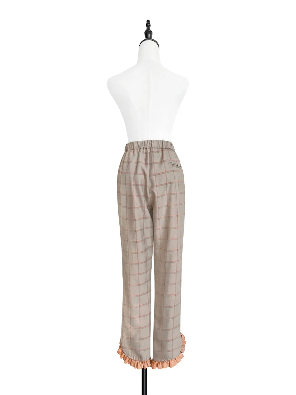 Surprise Sale! Sunset Orange Check Ruffle Waist Tapered Ankle Woolly Trousers