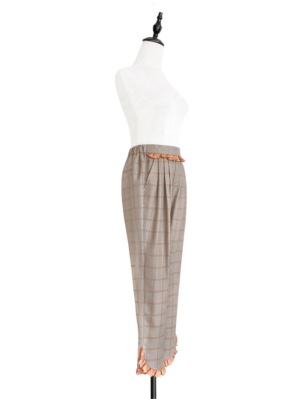 Surprise Sale! Sunset Orange Check Ruffle Waist Tapered Ankle Woolly Trousers