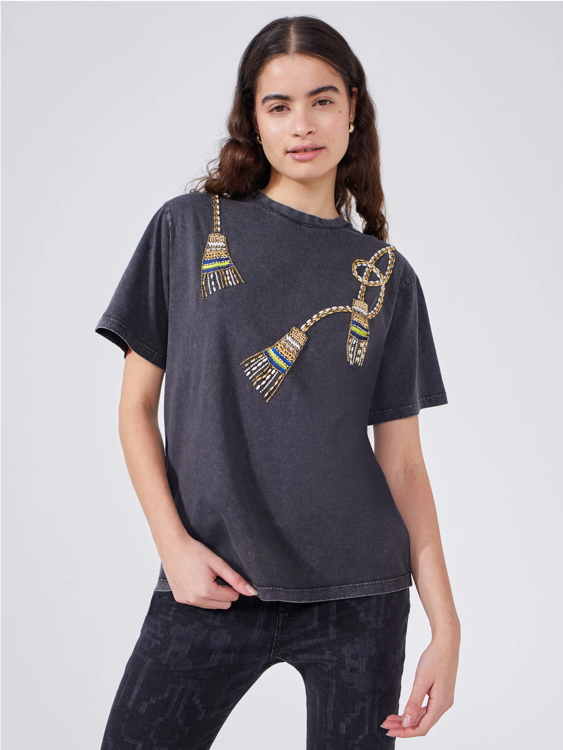 Tassel Beaded T-Shirt Acid Wash Grey