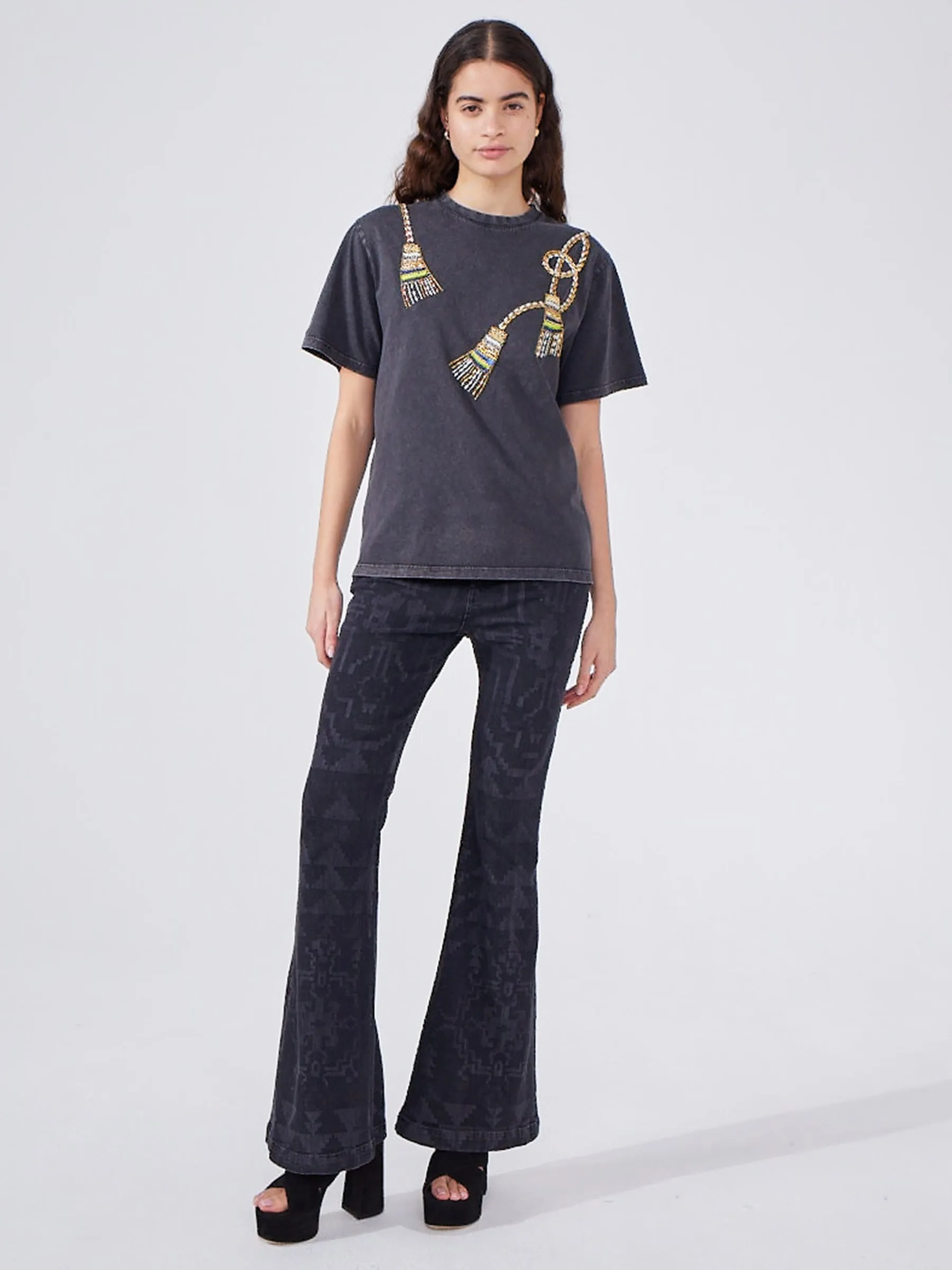 Tassel Beaded T-Shirt Acid Wash Grey