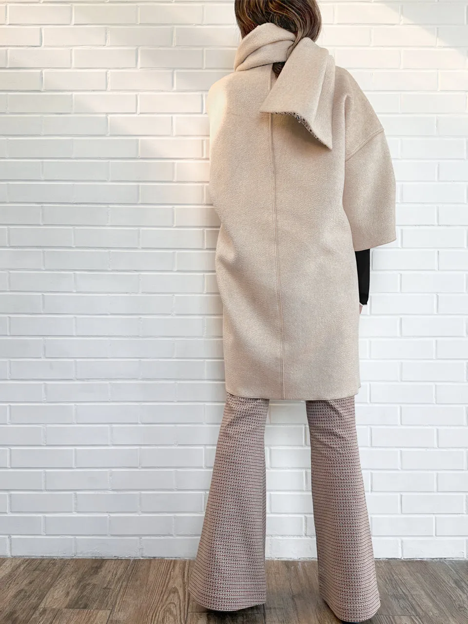 Taupe Ruffled Cashmere Luxury Cocoon Coat with Matching Scarf