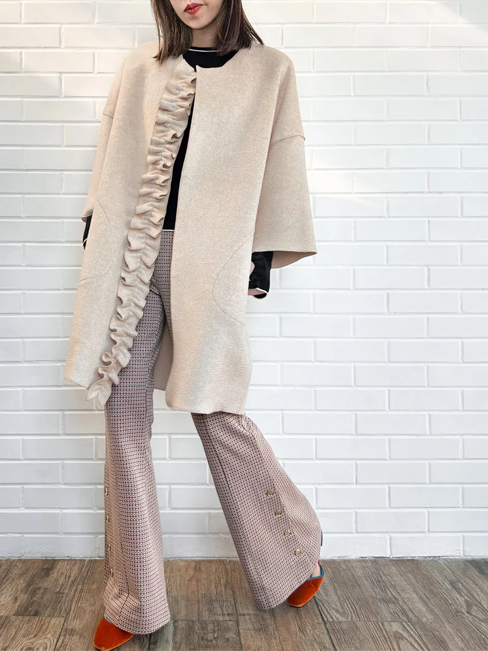 Taupe Ruffled Cashmere Luxury Cocoon Coat with Matching Scarf