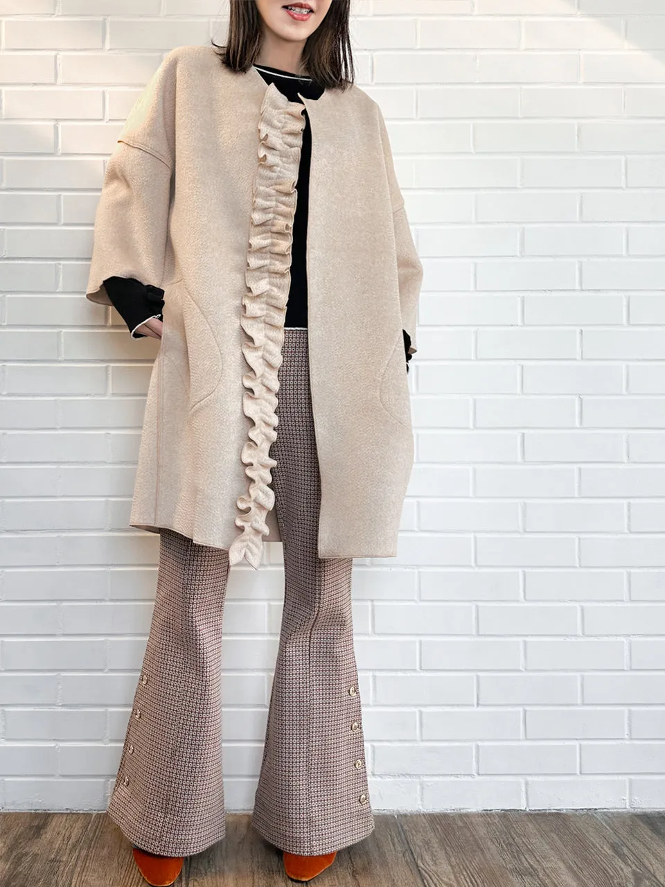 Taupe Ruffled Cashmere Luxury Cocoon Coat with Matching Scarf