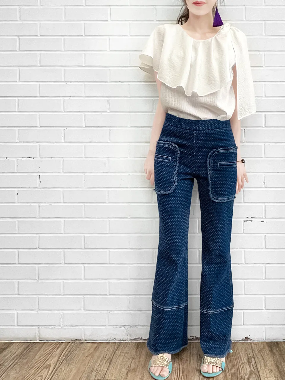 Textured Dotty Patch Pocket Raw Hem Denim Pants