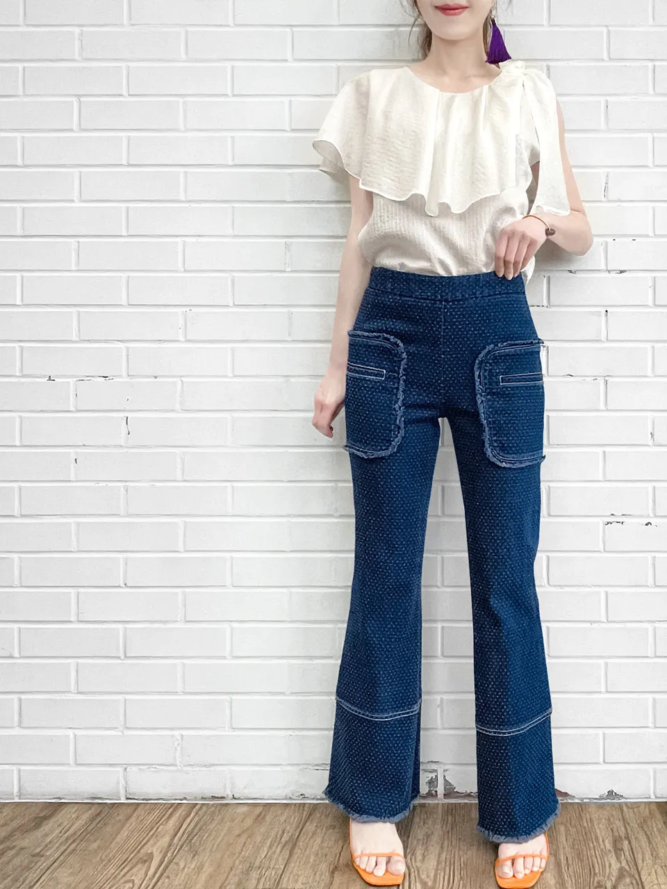 Textured Dotty Patch Pocket Raw Hem Denim Pants