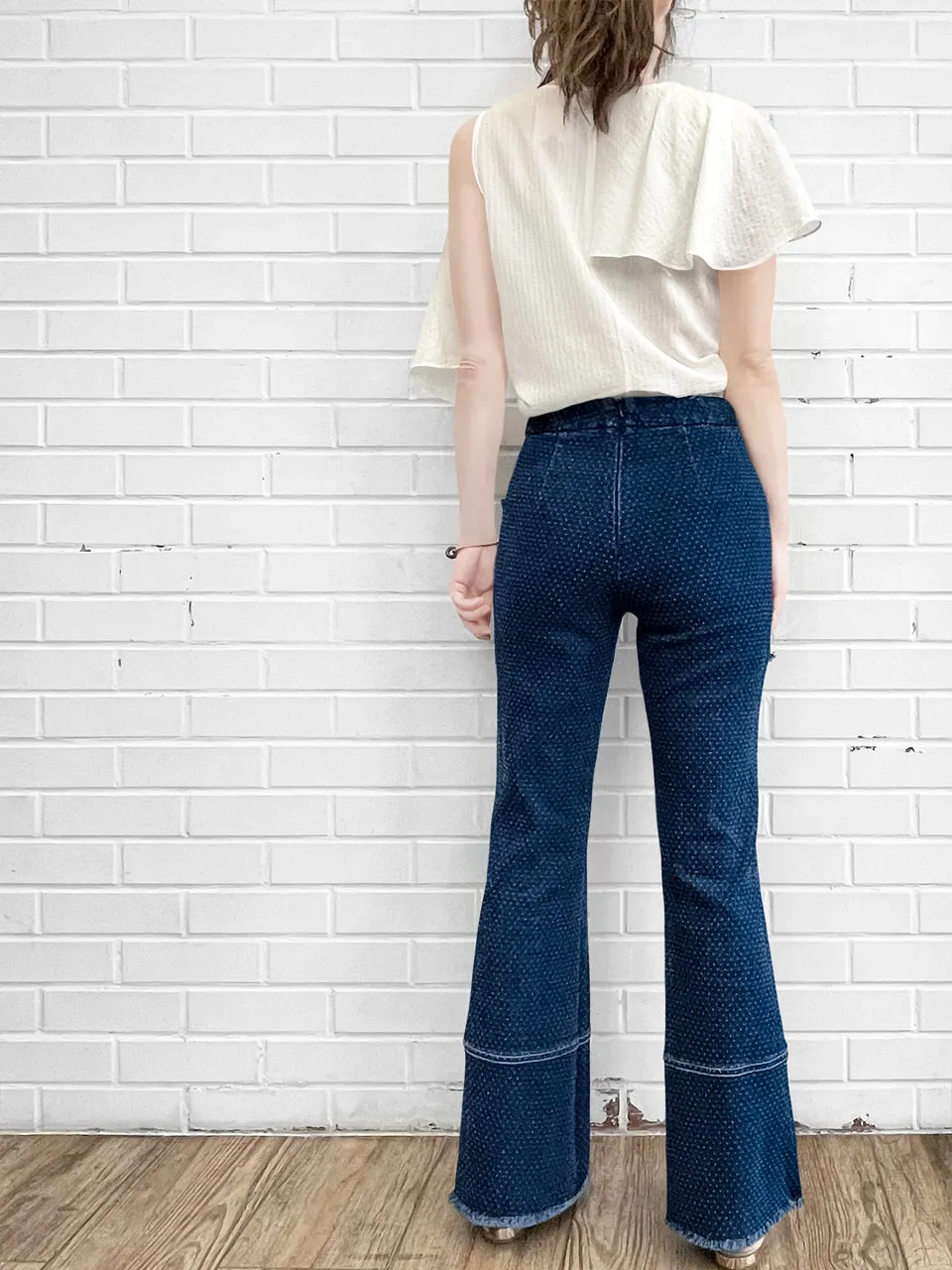 Textured Dotty Patch Pocket Raw Hem Denim Pants