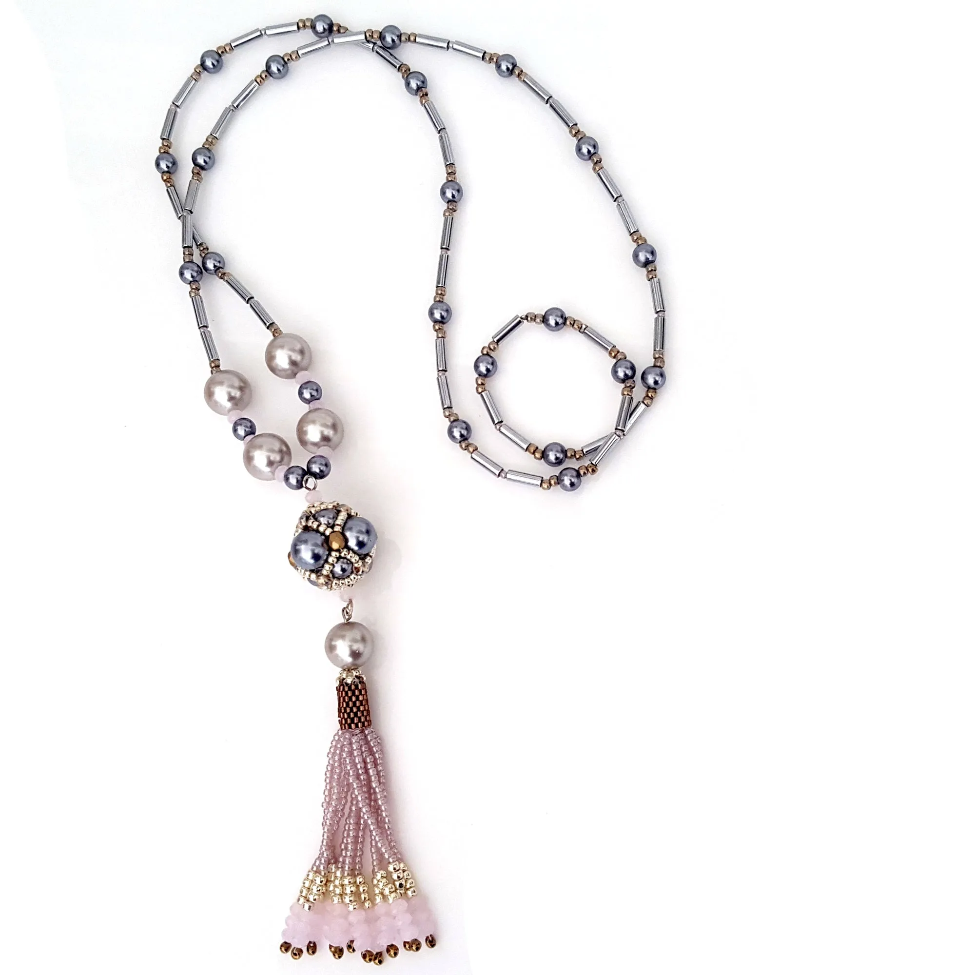 The Enchanted Ball - Pink Beaded Tassel Statement Necklace | KJ-390/PIN Handmade Necklace