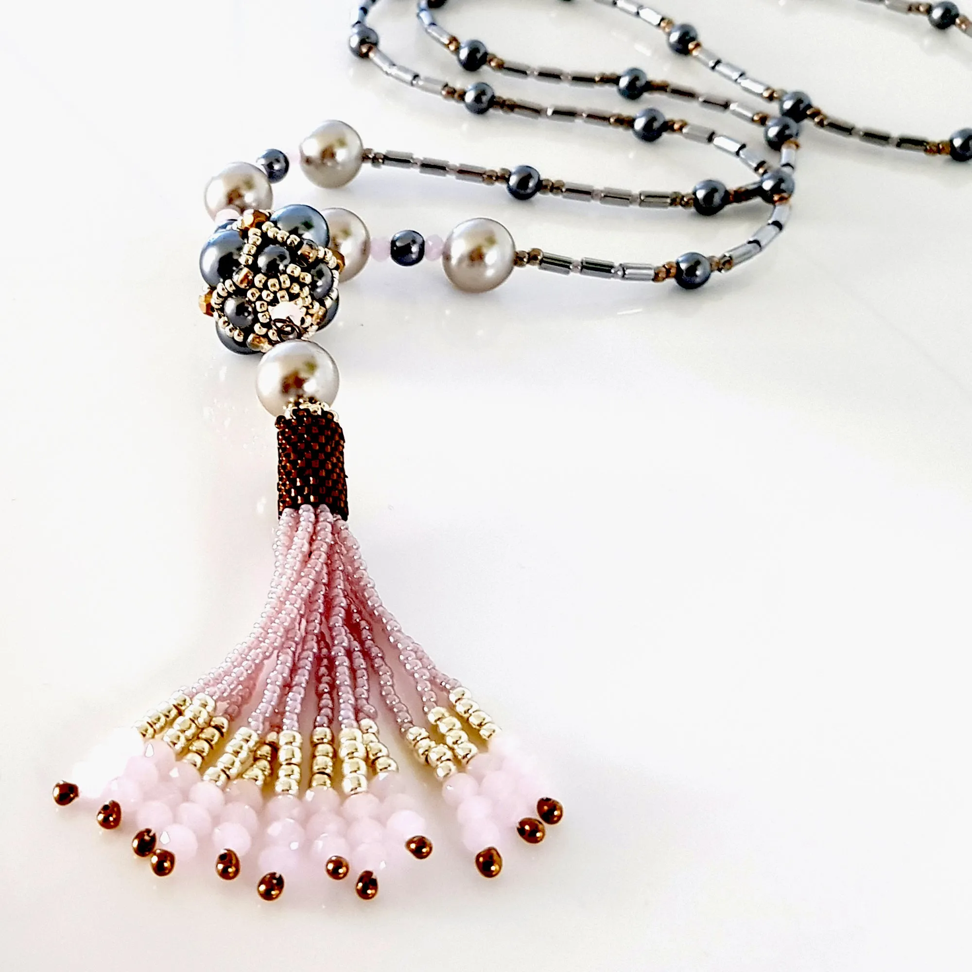 The Enchanted Ball - Pink Beaded Tassel Statement Necklace | KJ-390/PIN Handmade Necklace