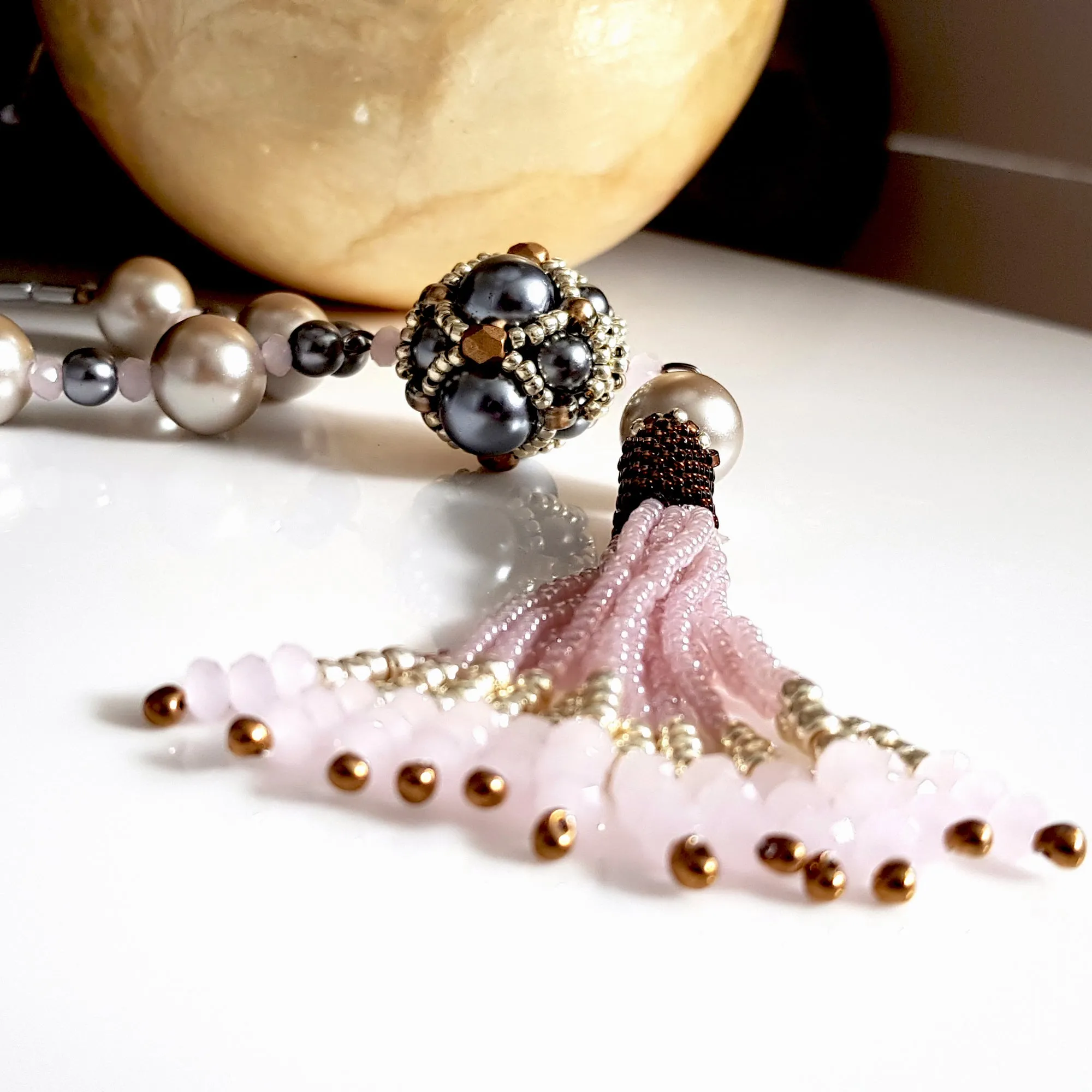 The Enchanted Ball - Pink Beaded Tassel Statement Necklace | KJ-390/PIN Handmade Necklace