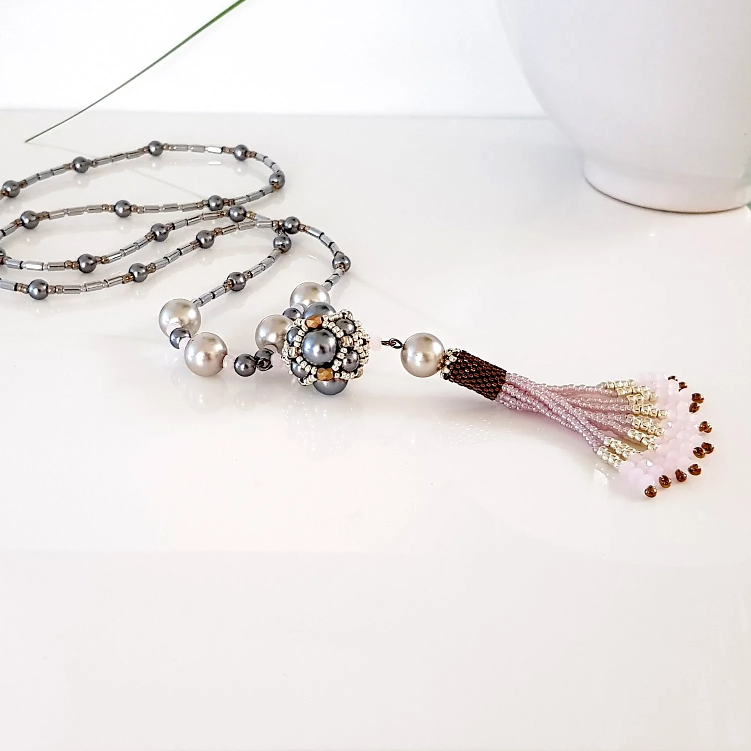 The Enchanted Ball - Pink Beaded Tassel Statement Necklace | KJ-390/PIN Handmade Necklace