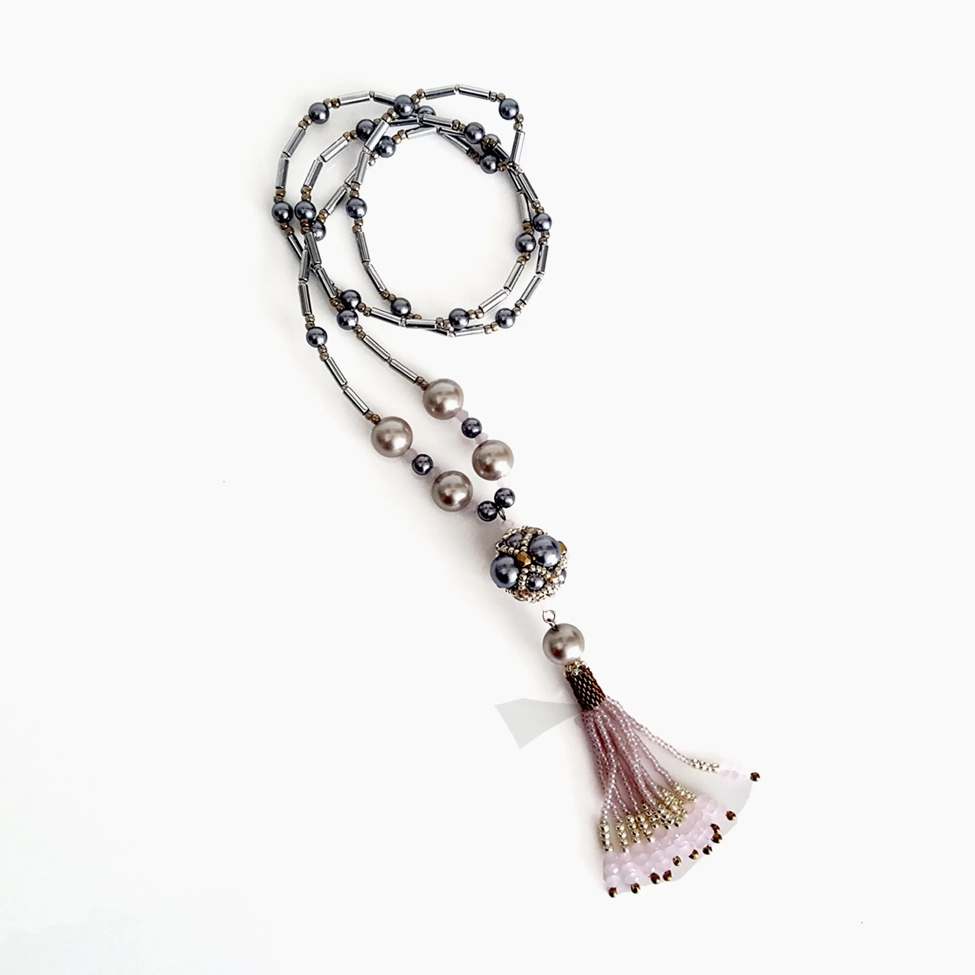 The Enchanted Ball - Pink Beaded Tassel Statement Necklace | KJ-390/PIN Handmade Necklace